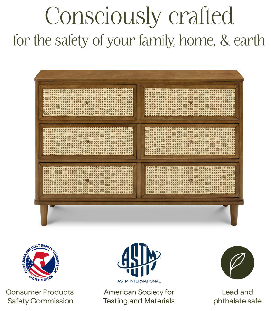 Marin With Cane 6 Drawer Assembled Dresser, Natural Walnut/Blonde Cane