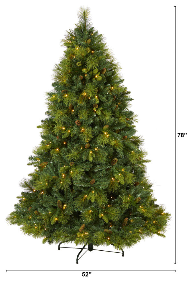6.5' North Carolina Pine Faux Xmas Tree W/Lights, Bendable Branches & Pinecones