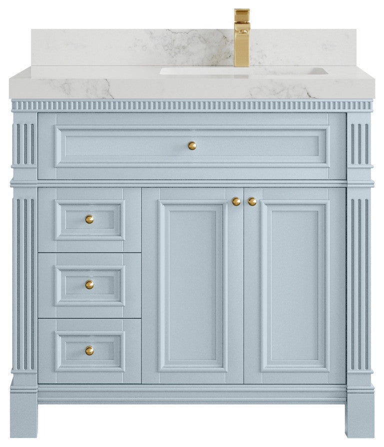 Paris 36" Right Offset Bathroom Vanity, Blue Heather 2" Calacatta Nuvo