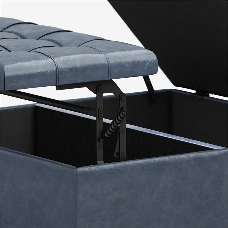 Simpli Home Harrison 36" Faux Leather Coffee Table Storage Ottoman in Denim Blue