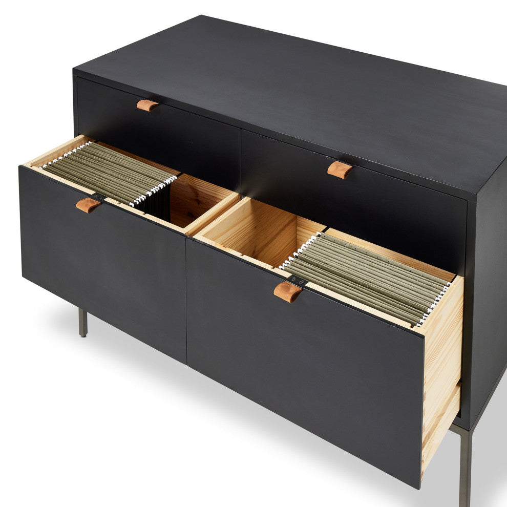 Trey Modular Wide Filing Cabinet Black Wash Poplar, Natural Iron, Toffee Leather