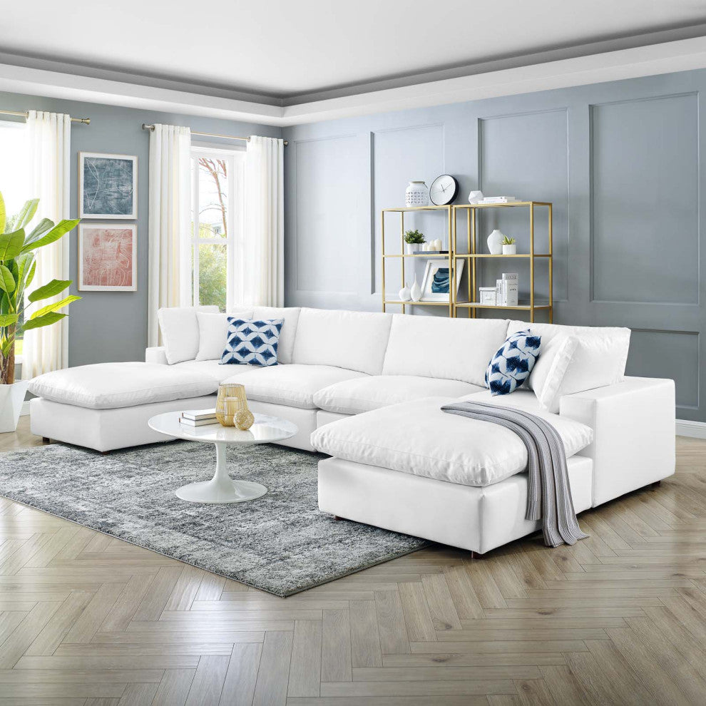 Commix Down Filled Overstuffed Vegan Leather 6-Piece Sectional Sofa - White