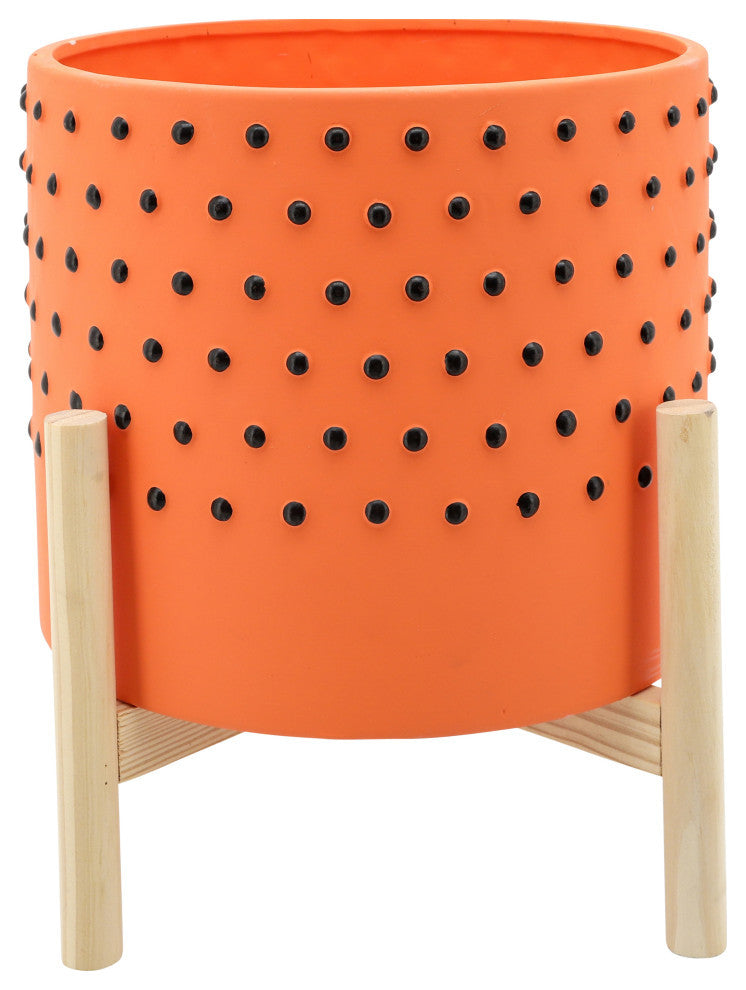 10" Dotted Planter With Wood Stand, Orange