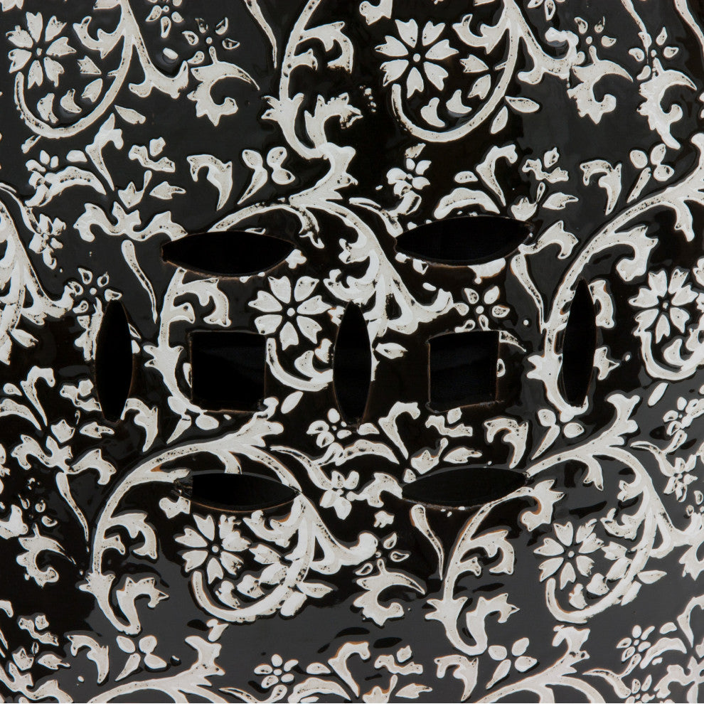 18" Black and White Floral Porcelain Garden Stool
