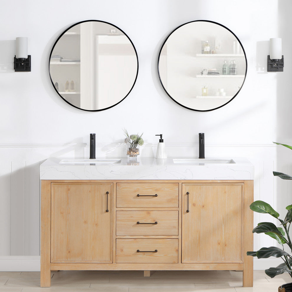 Leon Bath Vanity With Composite Stone Top, Fir Wood Brown, 60" Double Sink, No Mirror