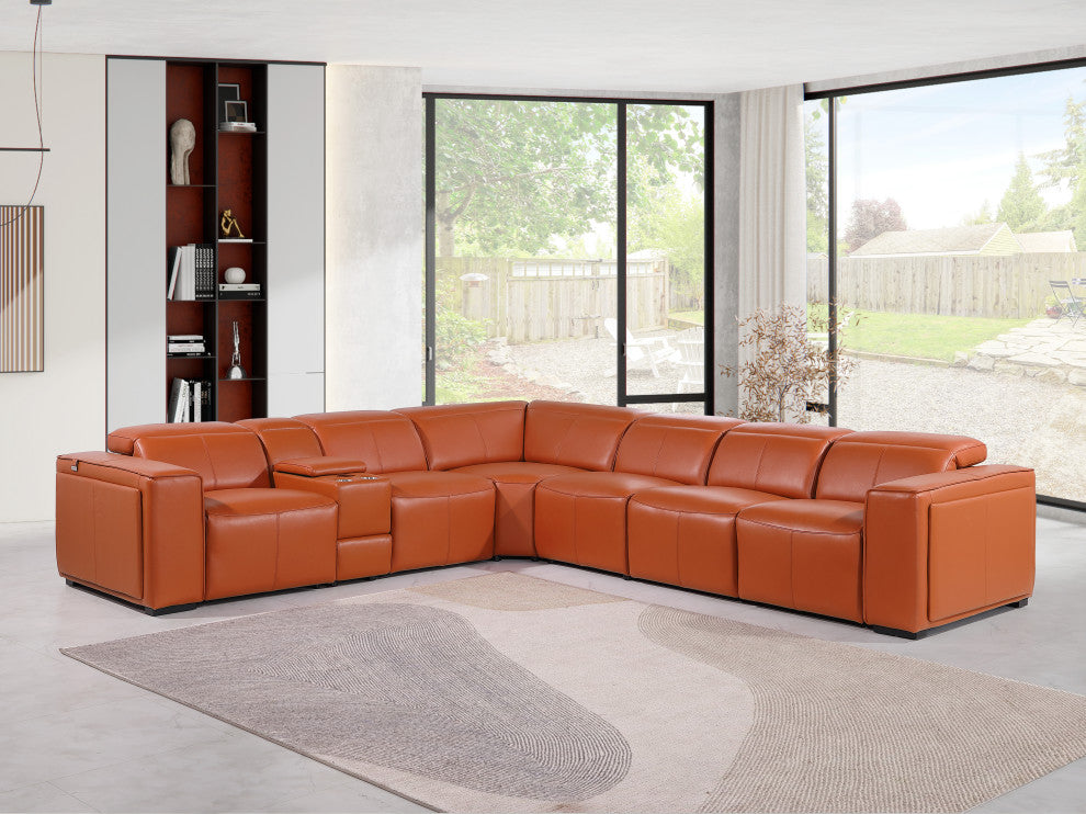 Niccolo Italian Leather 7-Piece L-Shaped Power Reclining Sectional, Camel