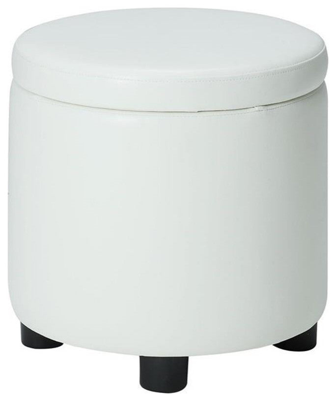 Designs4Comfort Round Accent Storage Ottoman in Ivory White Faux Leather Fabric