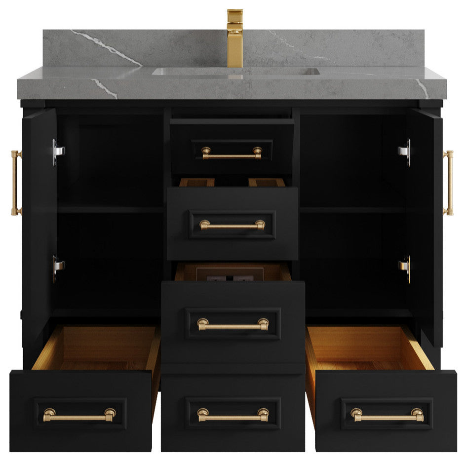 Aberdeen 42 Single Sink Bath Vanity in Black 2" Piatra Gray