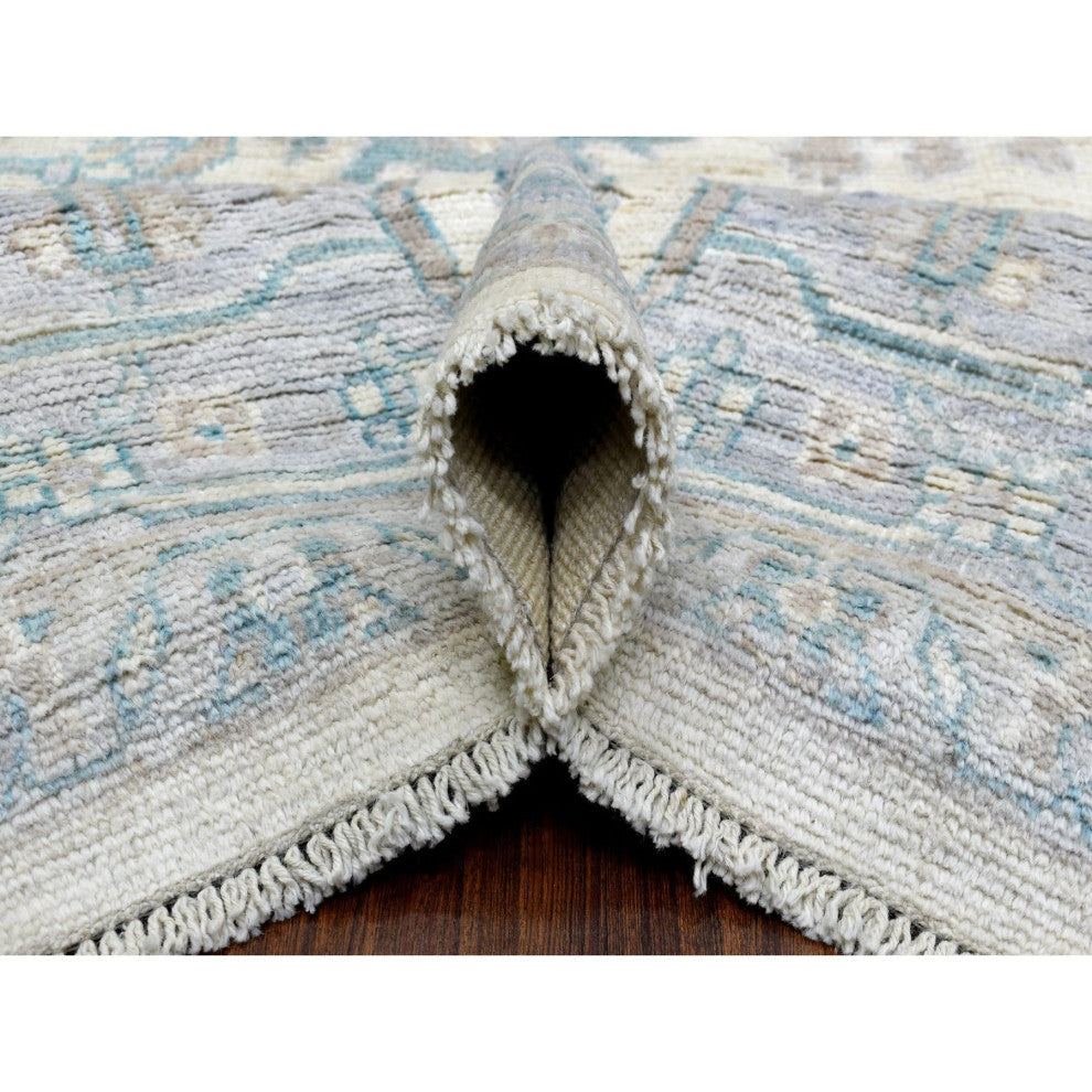 Afghan Angora Oushak Ivory-Blue Organic Wool Hand Knotted Rug, 7'10" x 10'0"