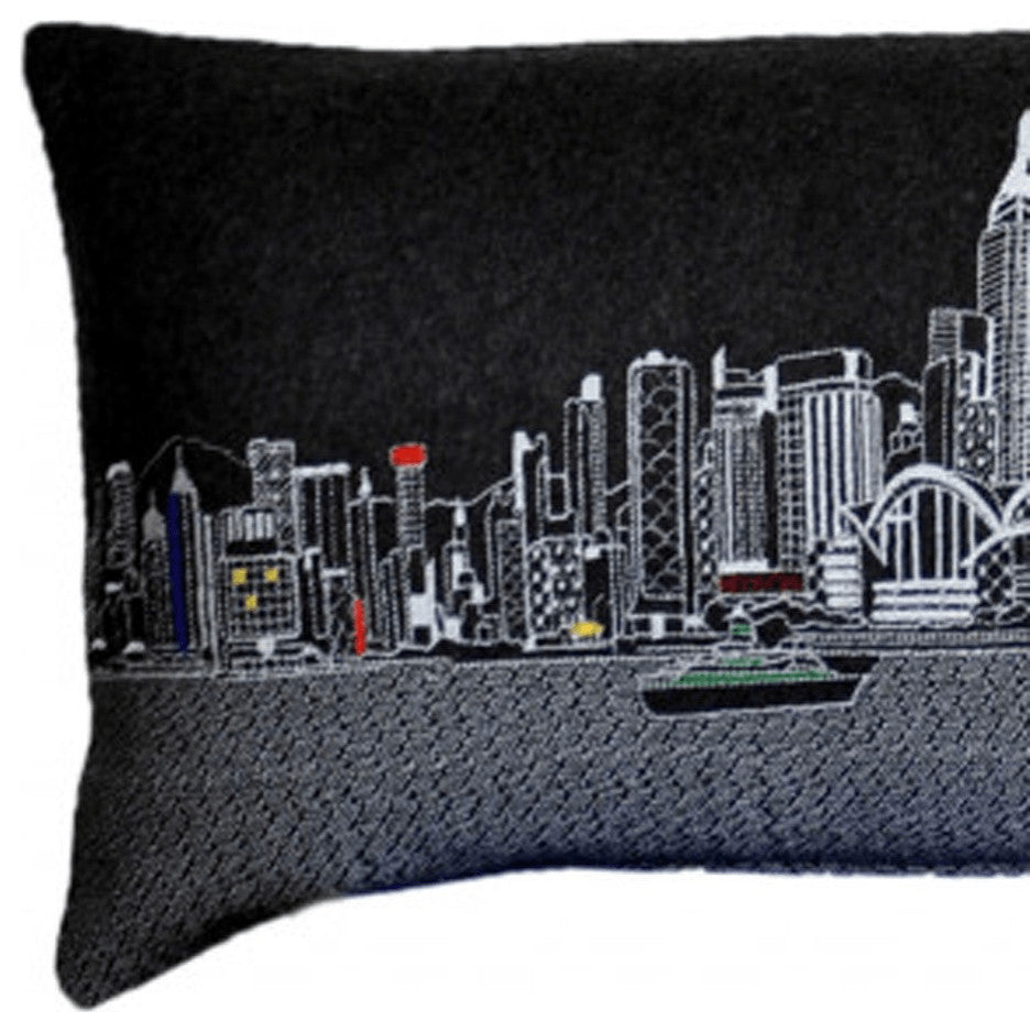 46" Black Hong Kong Nighttime Skyline Lumbar Decorative Pillow