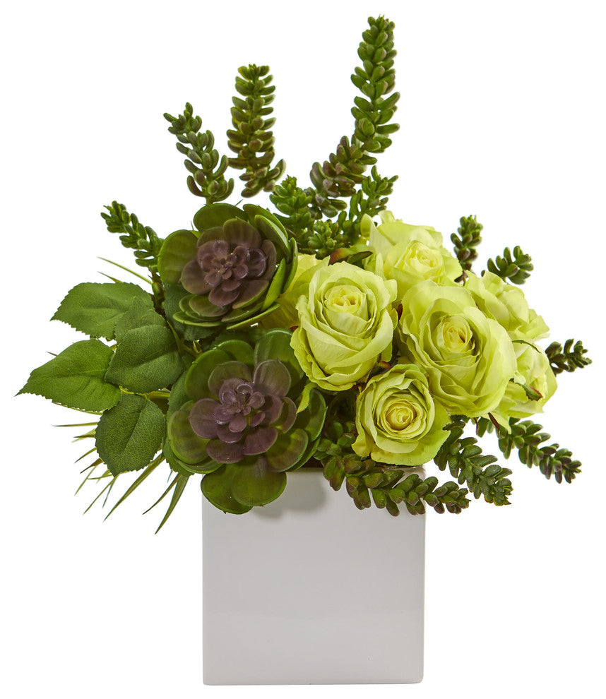 14" Rose & Succulent Artificial Arrangement in White Vase