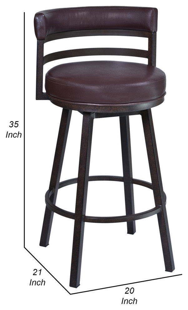 Benzara BM282082 26" Swivel Counter Stool, Vegan Leather, Curved Back, Brown