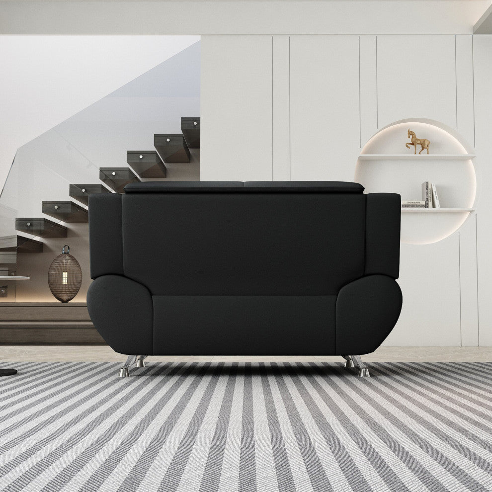 Modern Minimalist Sofa, Bonded Leather Seat With Padded Pillowed Arms, Black