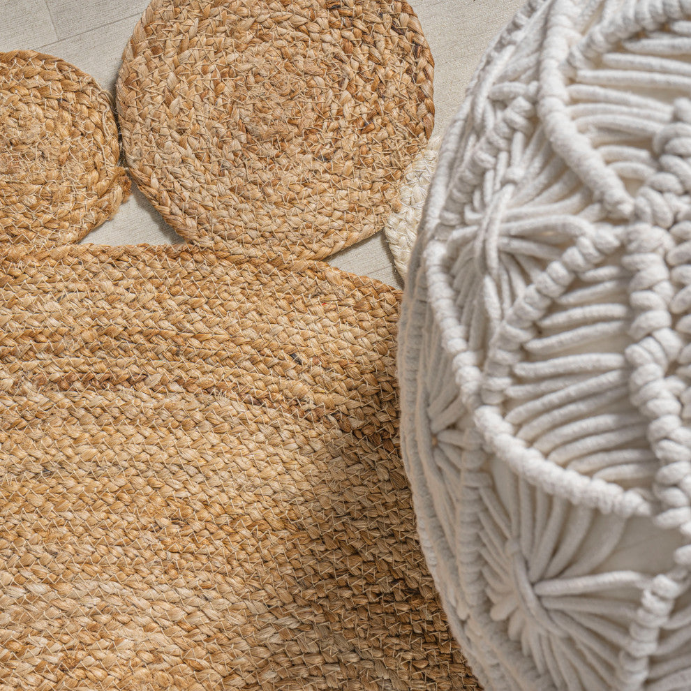 Ayana Two-Tone Jute Hippy Circle Round Area Rug, Natural/Cream, 6' Round