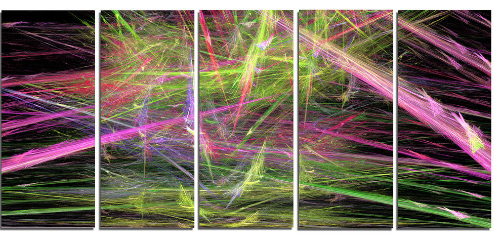 Green Pink Magical Fractal Pattern, Abstract Canvas Wall Art, 60"x28", 5 Panels