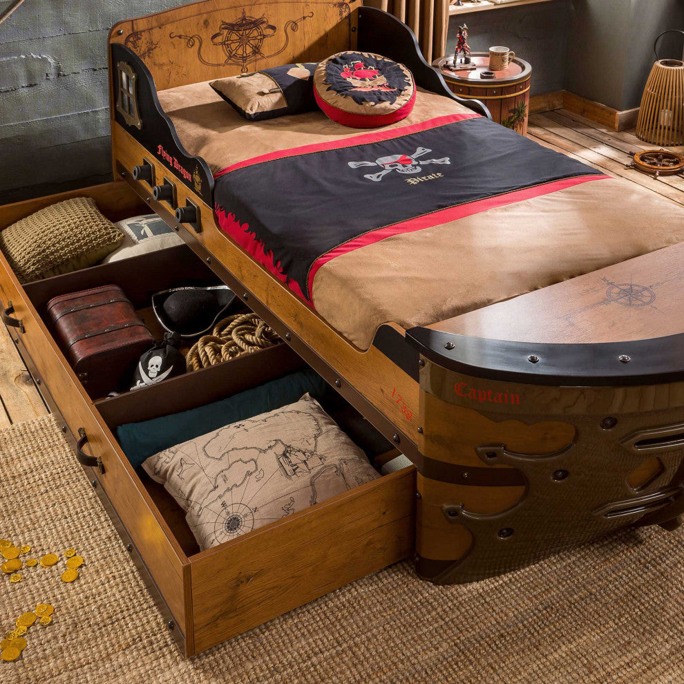 Pirate Twin-Size Captain''s Ship Bed with Sails and Deck and Trundle Storage Bed