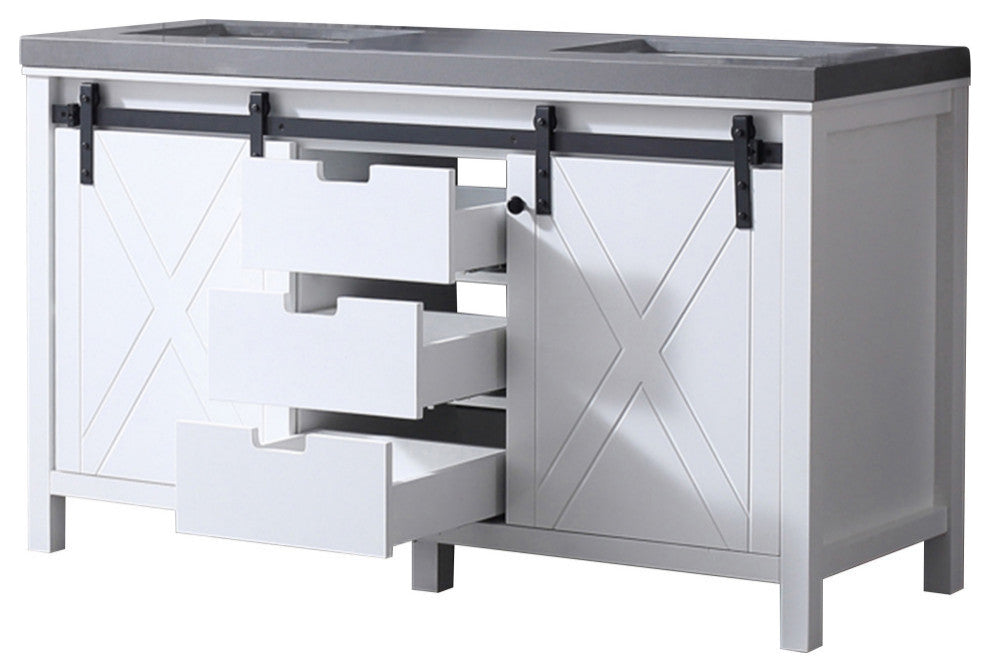 Marsyas 60" White Double Vanity, Gray Quartz Top, White Sinks, No Mirror