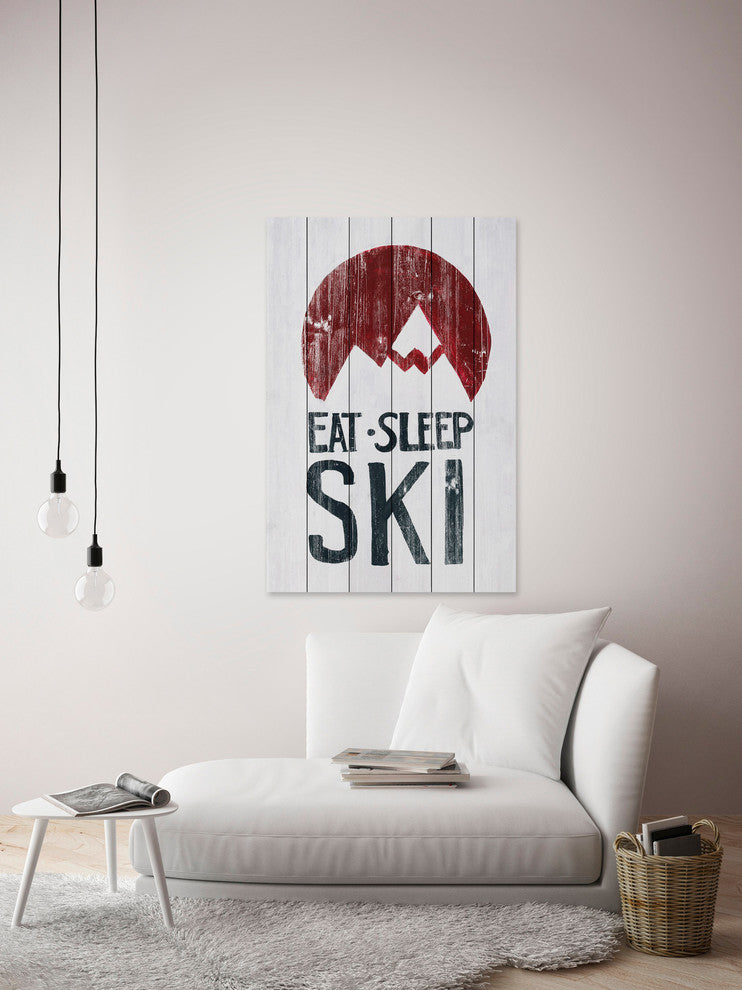 "Eat Sleep Ski Mountains" Painting Print on White Wood, 30"x45"