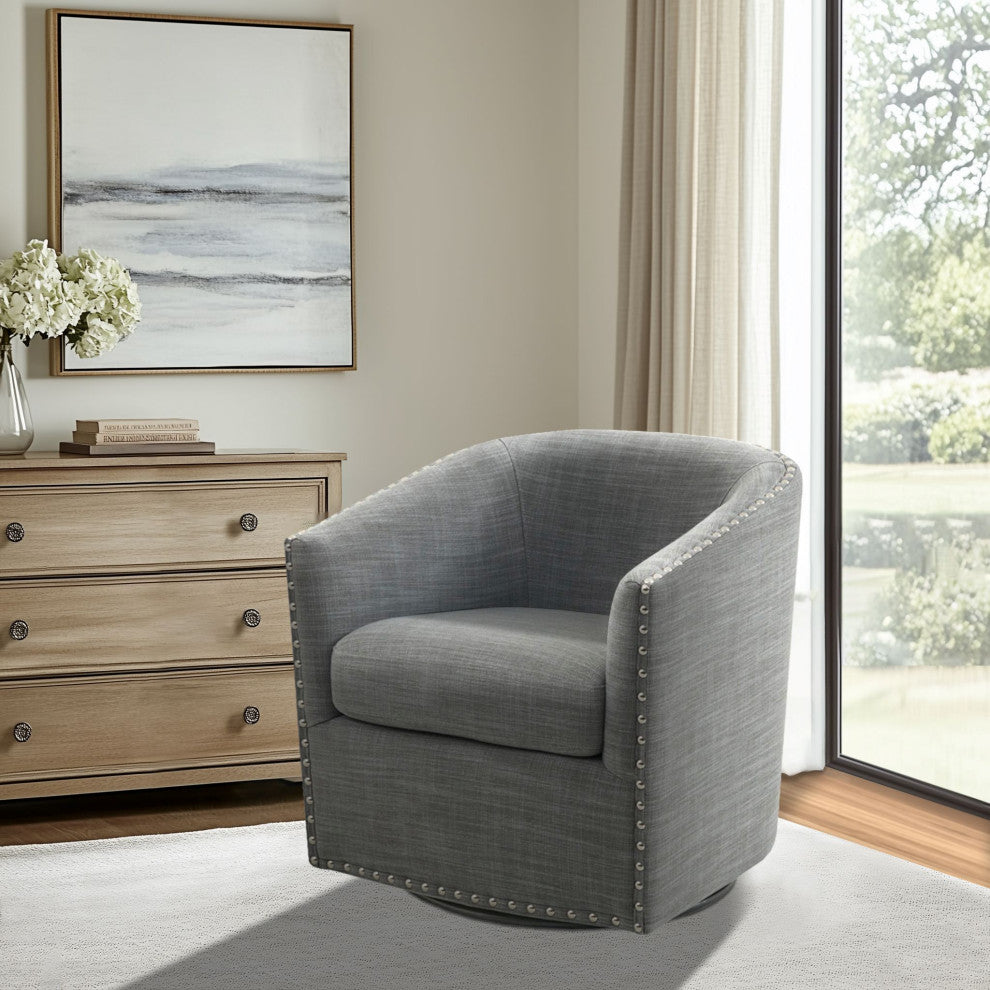 Madison Park Tyler Upholstered Swivel Barrel Chair with Nailheads, Grey