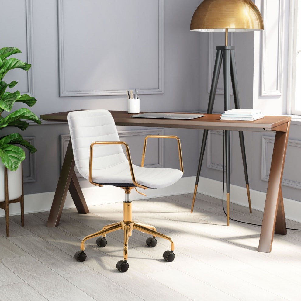 Computer Chair, Faux Vinyl Leather, Steel, White, Gold, Home Business Office