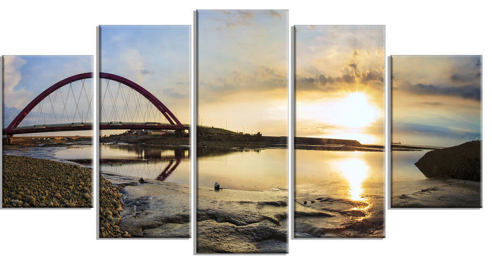 Bridge Sunset Panorama, Seashore Wall Art on Canvas, 60"x32", 5 Panels