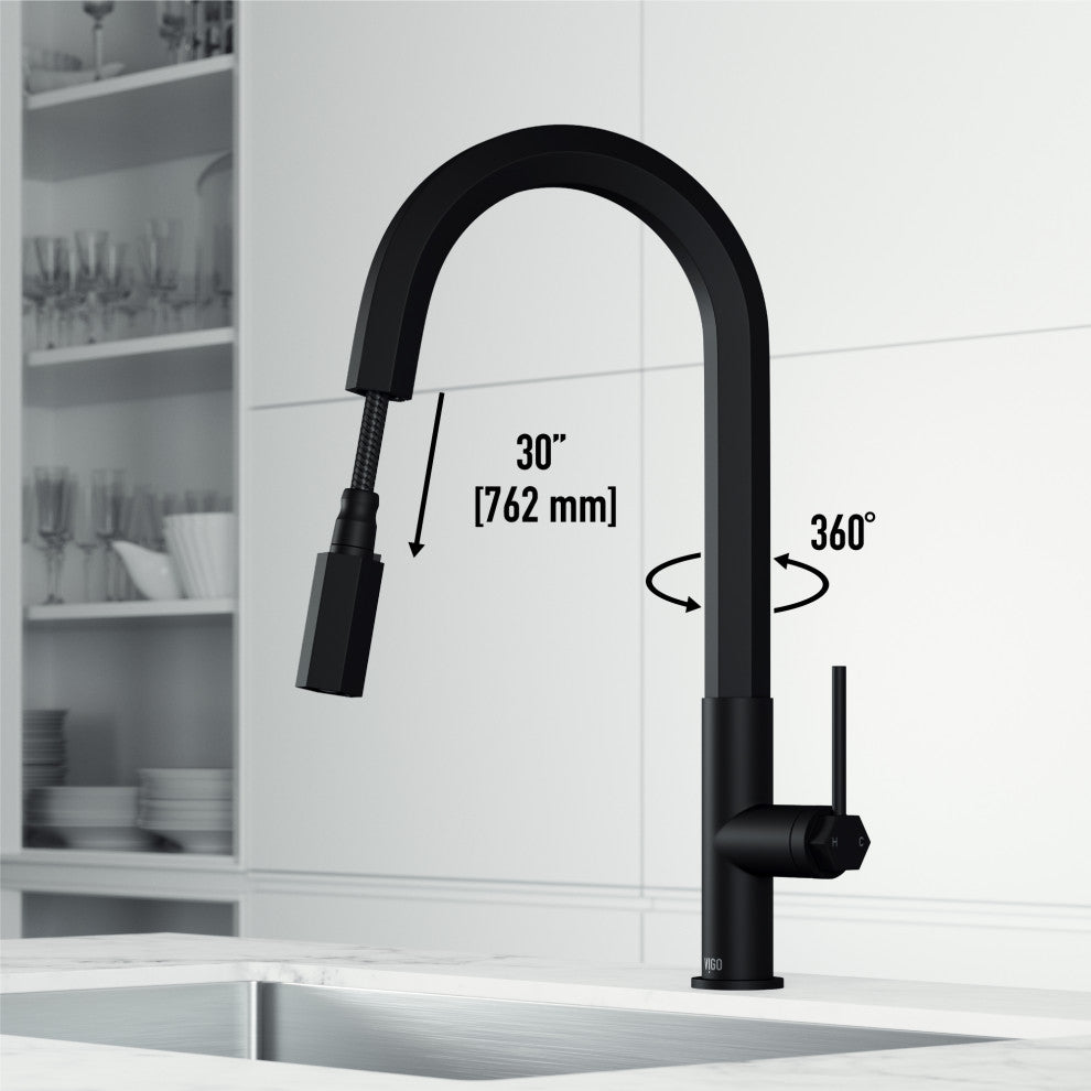 VIGO Hart Hexad 18" H Single Handle Pull-Down Kitchen Faucet, Matte Black, Without Extras