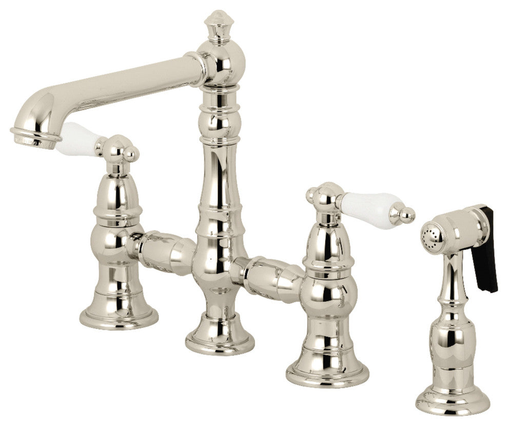 Kingston Brass Bridge Kitchen Faucet With Sprayer, Polished Nickel