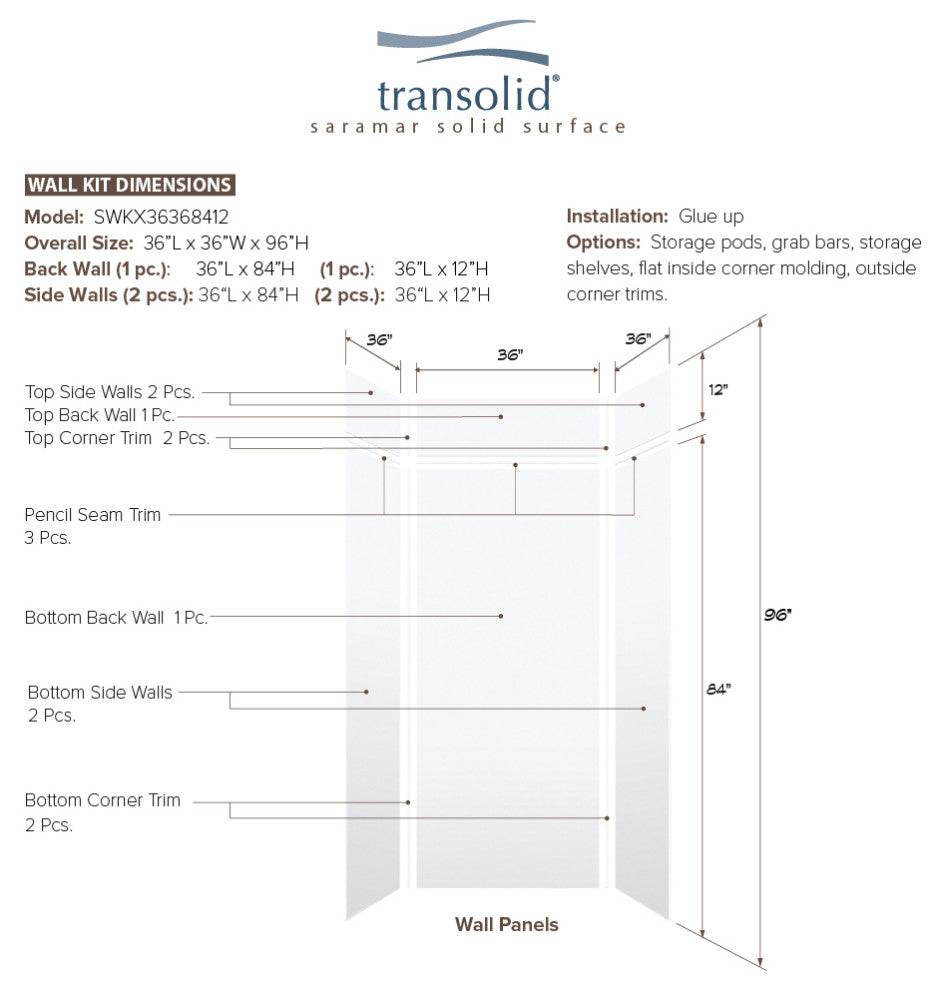 Transolid SaraMar 36"x36"x96" 6-Piece Shower Wall Kit, White Velvet