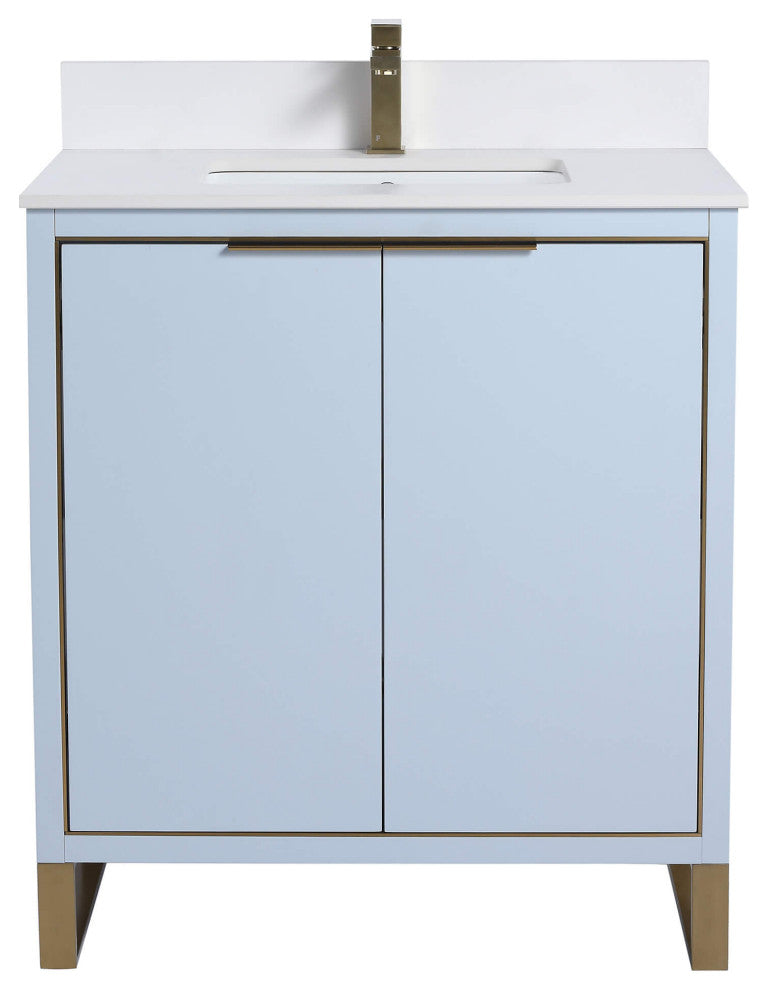 Opulence Bath Vanity, Pastel Blue, 30", Satin Brass Hardware, White Top