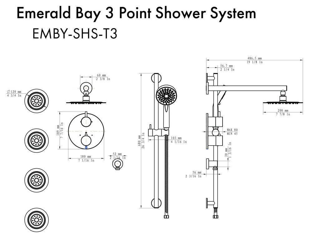 ZLINE Shower System, Polished Gold, EMBY-SHS-T3-PG