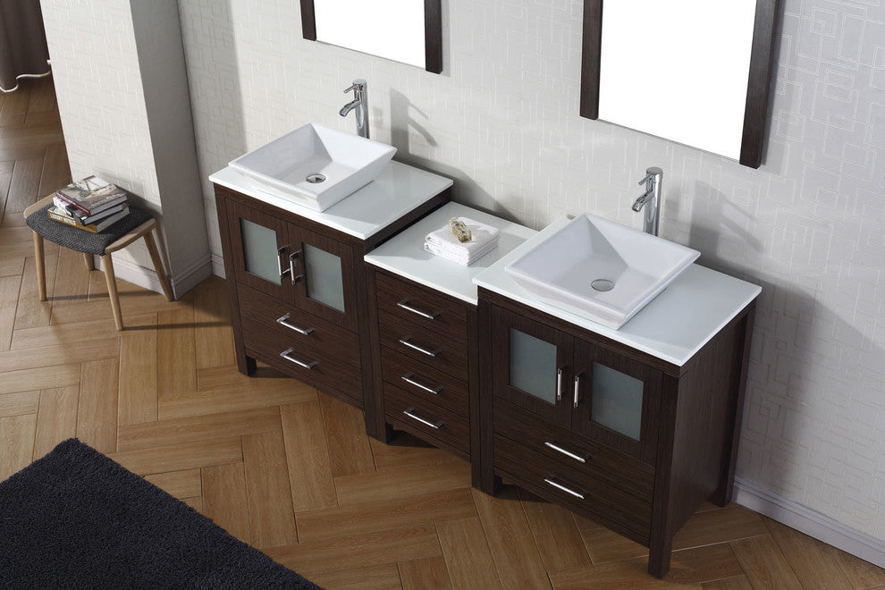 Virtu Dior 74" Double Bathroom Vanity, Espresso With Faucet and Mirrors