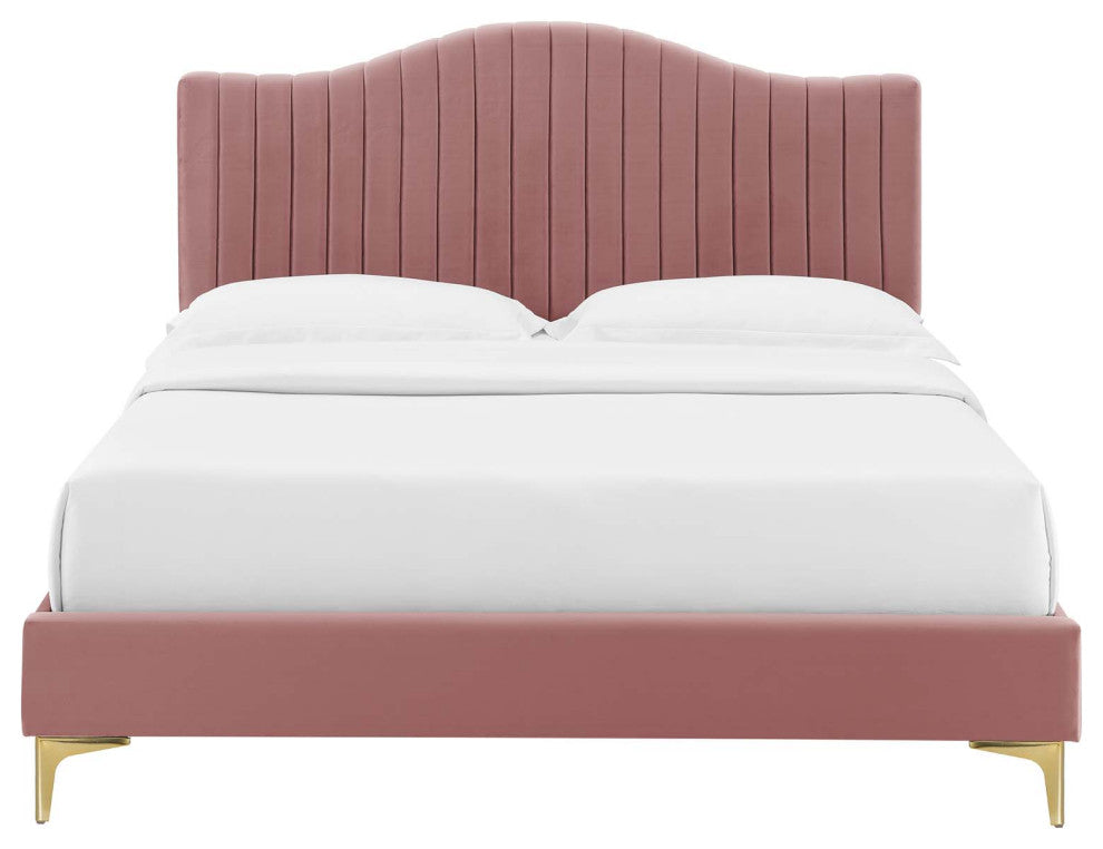 Tufted Platform Bed Frame, Queen Size, Velvet, Pink, Modern Contemporary