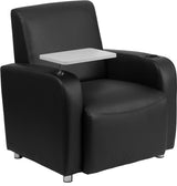 Black Leather Guest Chair with Tablet Arm, Chrome Legs and Cup Holder