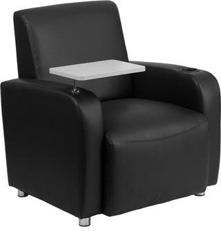 Black Leather Guest Chair with Tablet Arm, Chrome Legs and Cup Holder