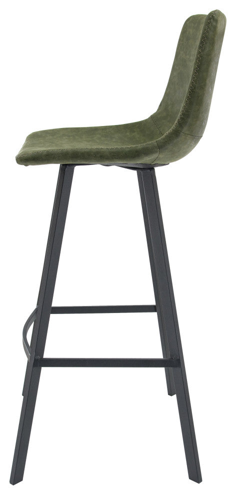 LeisureMod Elland Modern Upholstered Leather Bar Stool Iron Legs, Olive Green