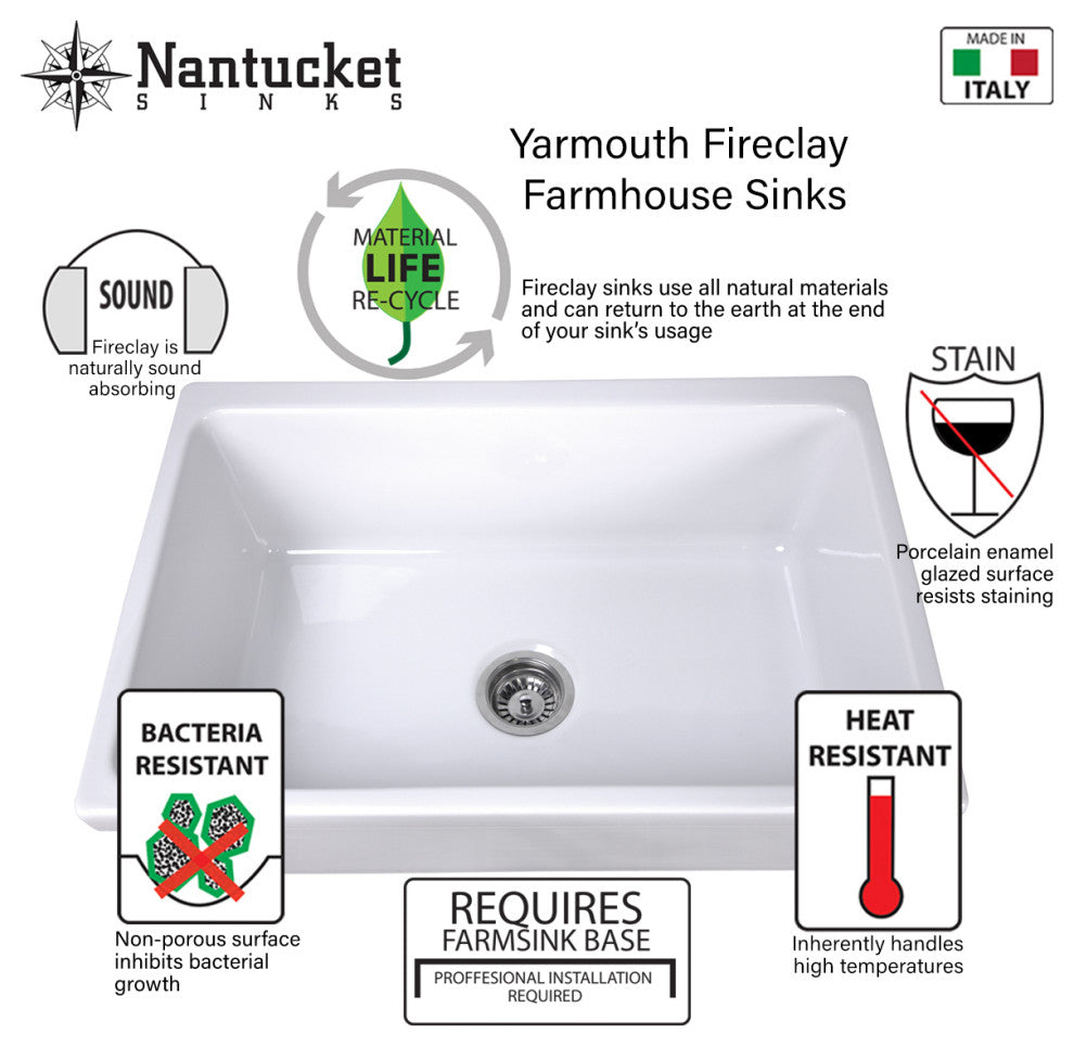 Nantucket 30" Workstation Fireclay Apron Sink Side Drain, Matte Black