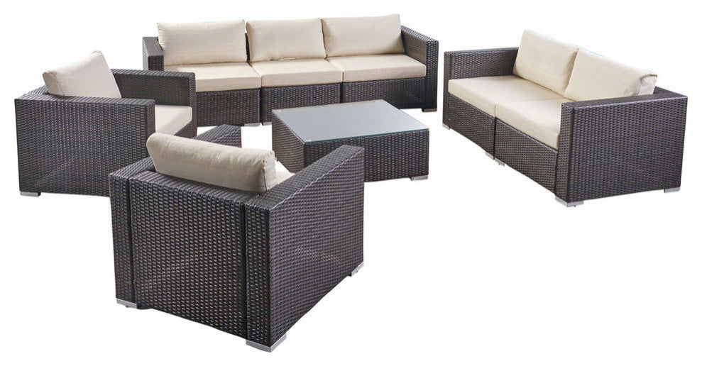 GDF Studio Samuel Outdoor 7 Seater Wicker Sofa Chat Set With Cushions, Multibrown/Beige Cushions