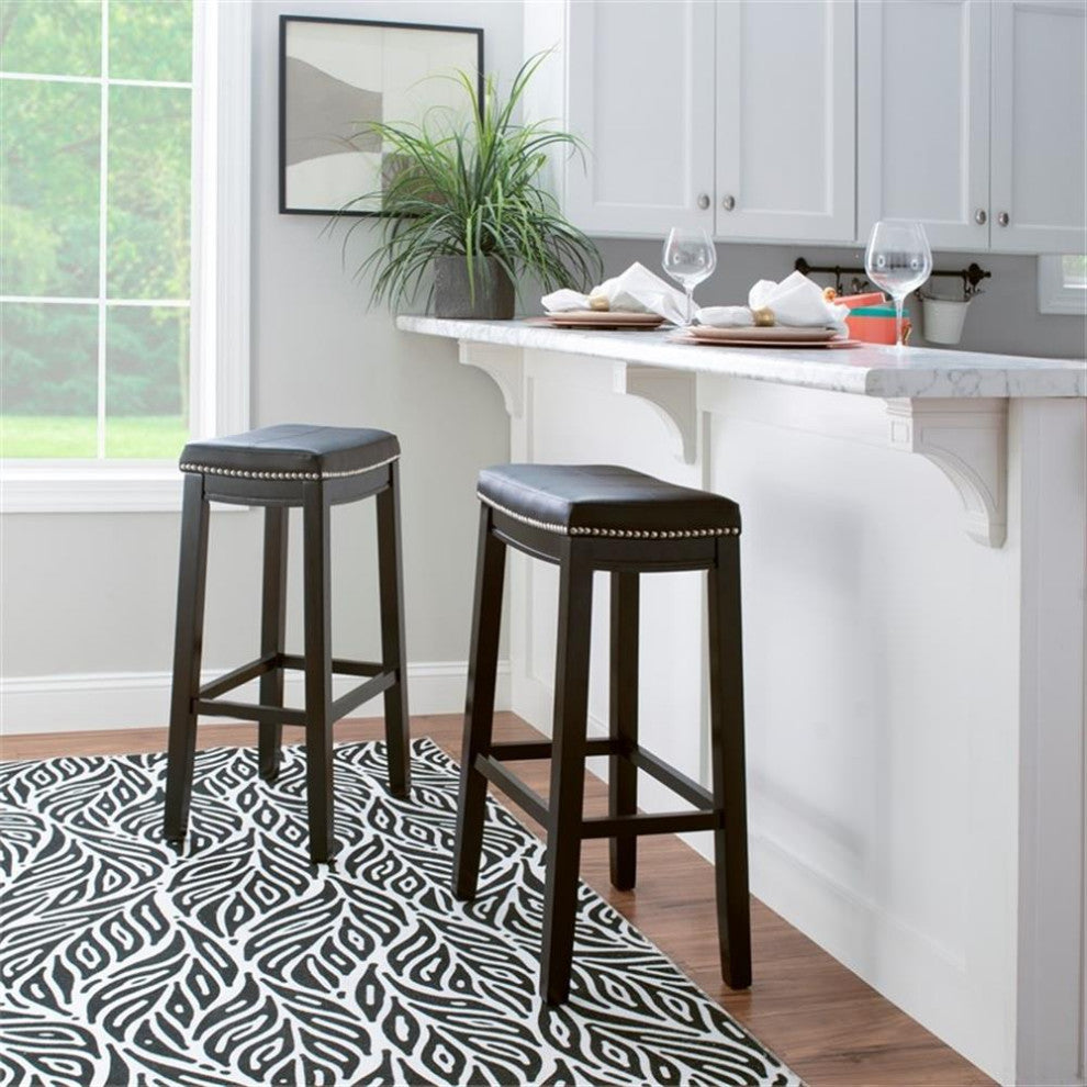 Linon Claridge Backless Bar Stool Black Faux Leather Wood Frame in Black Finish