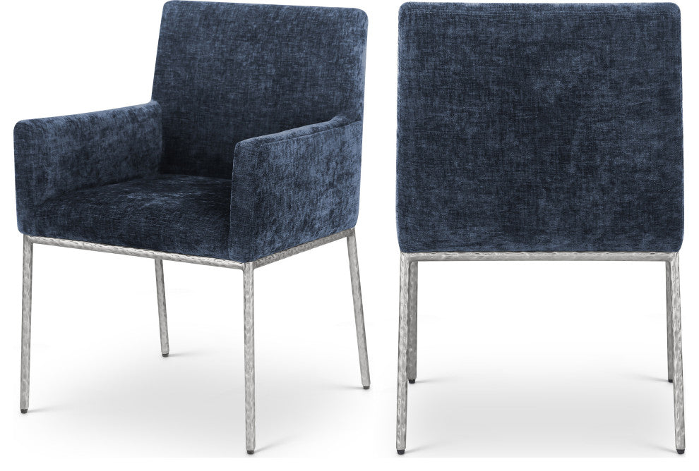 Reeves Upholstered Dining Chair, Navy, Chenille , AC,  Brushed Silver, Set of 2