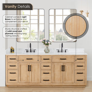 Gavino Vanity with Grain White Composite Stone Top, Light Brown/Matte Black, 84", No Mirror