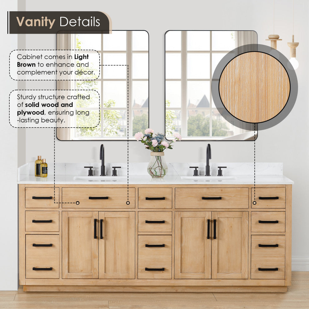 Gavino Vanity with Grain White Composite Stone Top, Light Brown/Matte Black, 84", No Mirror