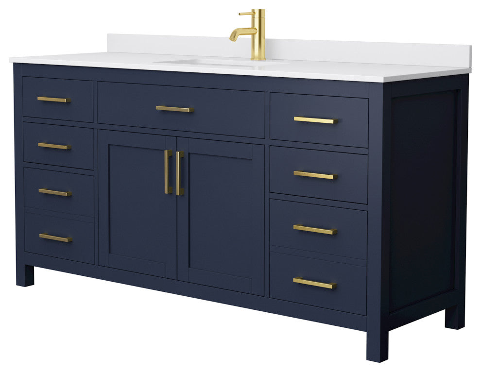 66" Single Bathroom Vanity, Dark Blue, White Cultured Marble Countertop, Sink