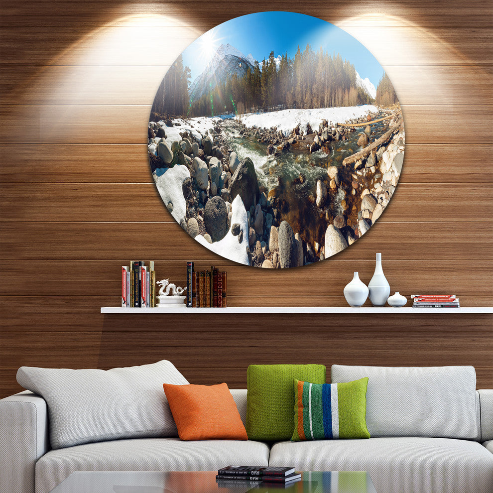 Baskan Mountain River At Wintertime, Landscape Round Wall Art, 11"