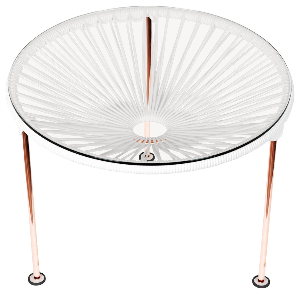 Zicatela Indoor/Outdoor Handmade Side Table, White Weave, Copper Frame