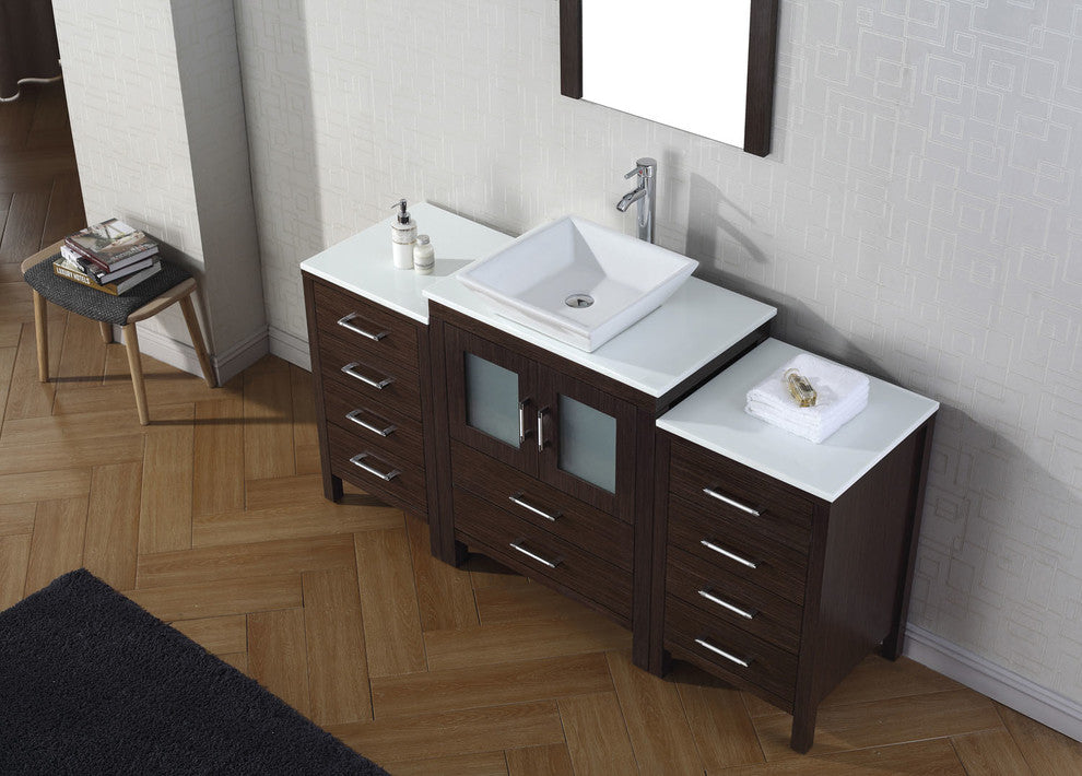 Virtu Dior 64" Single Bathroom Vanity, Espresso, Brushed Nickel Faucet, Mirror