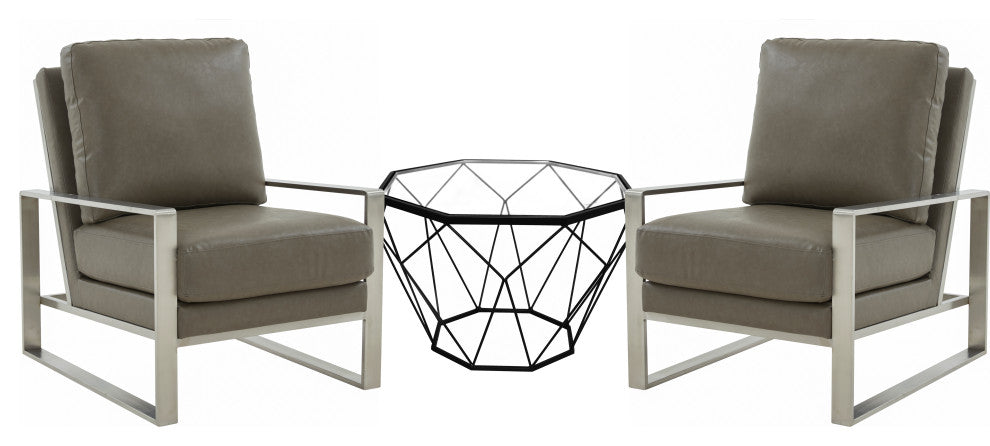 LeisureMod Jefferson Arm Chairs With Silver Frame and Coffee Table, Gray