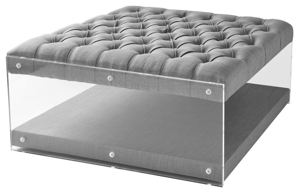 Rossi Linen Oversized Button Tufted Clear Acrylic Sides Ottoman, Light Gray