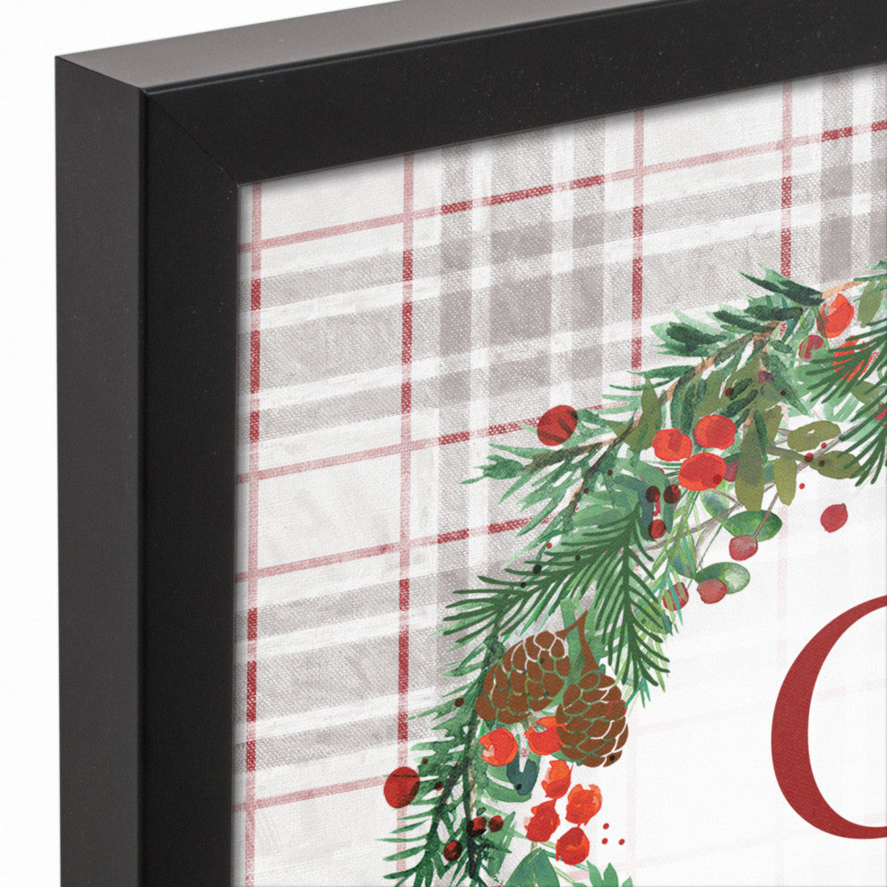 Holiday Gray Plaid Monogram Wreath O 12x12 Black Framed Canvas