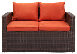 Rio 5-Piece Wicker Conversation Set With Storage, Dark Brown Wicker/Orange Cushi