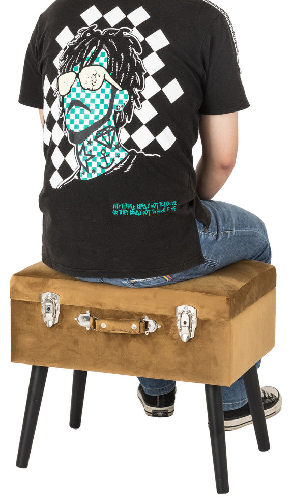 19.70" Glod Velvet Upholstered Storage Stool With Black Solid Rubberwood Legs